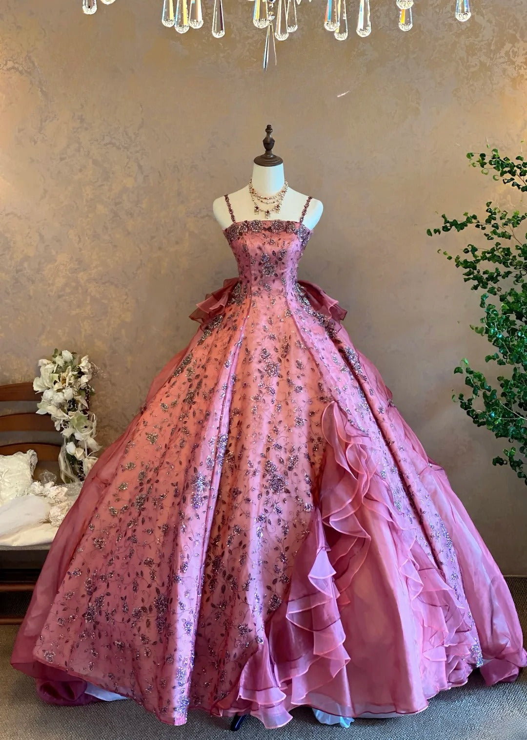 Quinceanera Dress Pink Spaghetti Straps Pink With Tiered Layers Floor Length Ball Gown Sweet 15 15th Birthday Gown RB9133