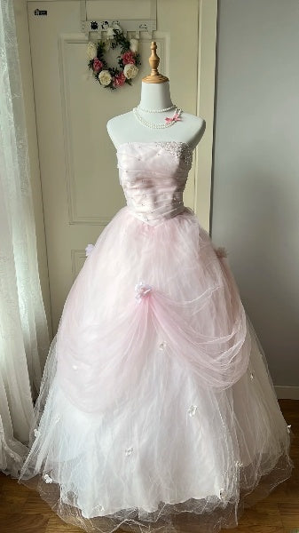 Sweet 15 Quinceanera Dress Ball Gown Strapless Pink Tulle With Beading Long 15th Birthday Gown RC0561