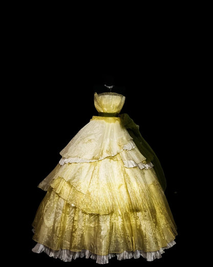 Ball Gown Strapless Yellow Tulle Long Quinceanera Dresses With Lace For Sweet 15 15 Anos Celebration Birthday Formal Gown RB8856