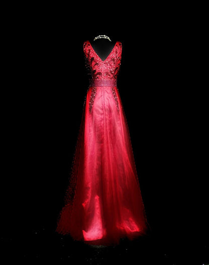 Vintage Prom Dresses A line V Neck Red Tulle With Beads Crystals Sleeveless Long Formal Outfits RB6005