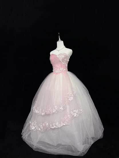 Pretty Ball Gowns Sweetheart Pink With Appliqued Lace Long Prom Dress Senior Puffy Sweet 16 Sixteen Outfit Vestido de 15 RB7604