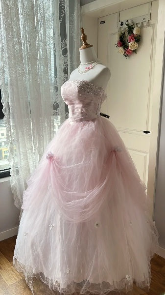 Sweet 15 Quinceanera Dress Ball Gown Strapless Pink Tulle With Beading Long 15th Birthday Gown RC0561