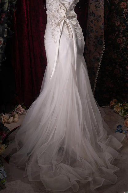 Stunning Mermaid V Neck 2000s White With Appliqued Corset Fitted Back Long Autumn Winter Bridal Dress Wedding Dresses RB8477