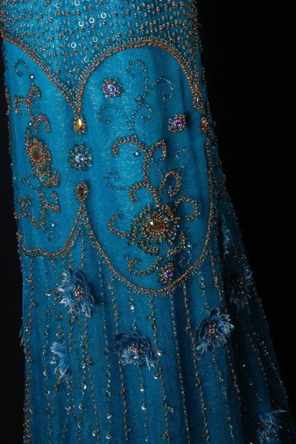 Classy Prom Dresses 1950s A line Tulle With Gold Beaded Blue Long Parties Gowns Evening Dress AS205