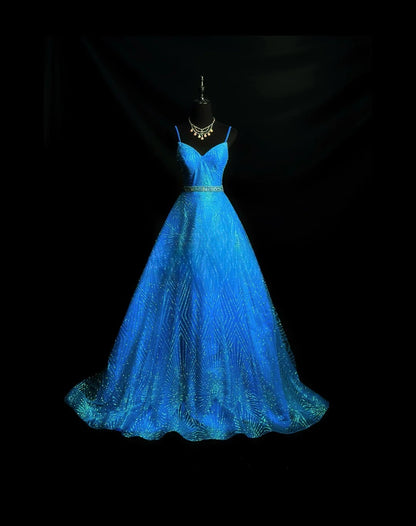 Vintage 70s Prom Dresses Ball Gown Spaghetti Strap Blue Sequin Long Party Gown Formal Outfits RB6006