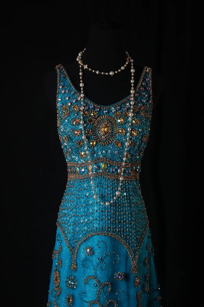 Classy Prom Dresses 1950s A line Tulle With Gold Beaded Blue Long Parties Gowns Evening Dress AS205