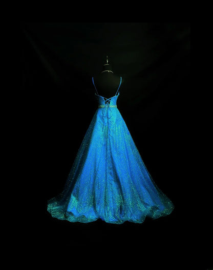 Vintage 70s Prom Dresses Ball Gown Spaghetti Strap Blue Sequin Long Party Gown Formal Outfits RB6006