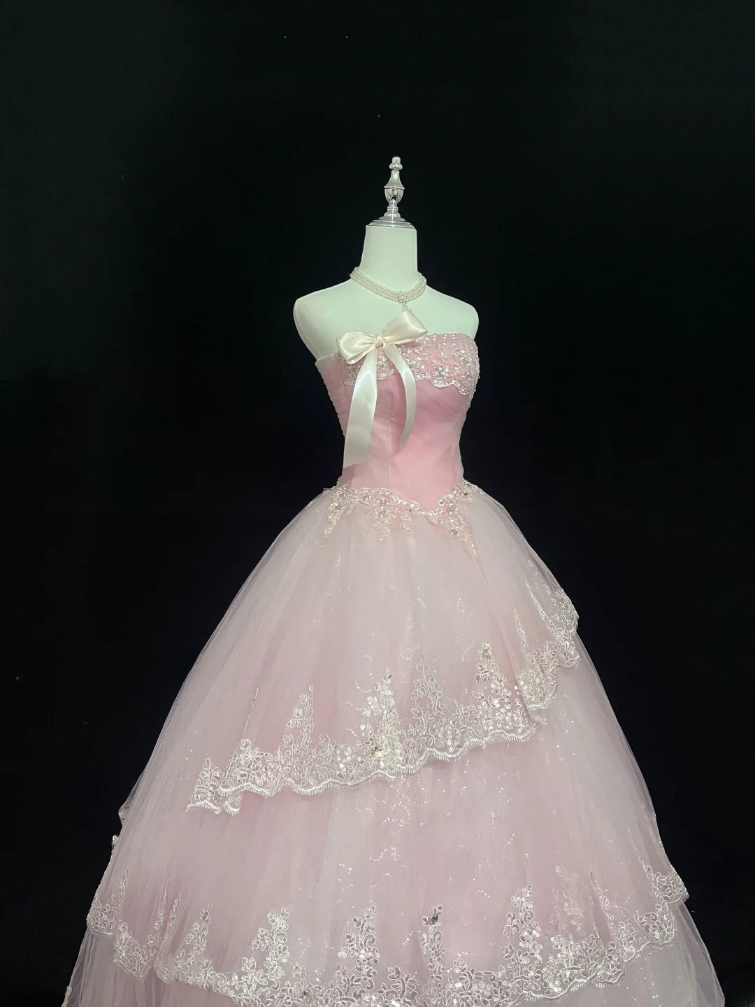 Dream Ball Gowns Strapless Pink With Appliqued Lace Long Prom Dress Senior Puffy Sweet 16 Sixteen Outfit Vestido de 15 RB7605