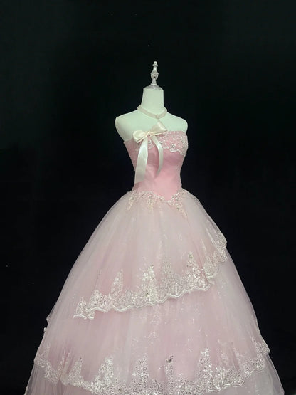 Dream Ball Gowns Strapless Pink With Appliqued Lace Long Prom Dress Senior Puffy Sweet 16 Sixteen Outfit Vestido de 15 RB7605