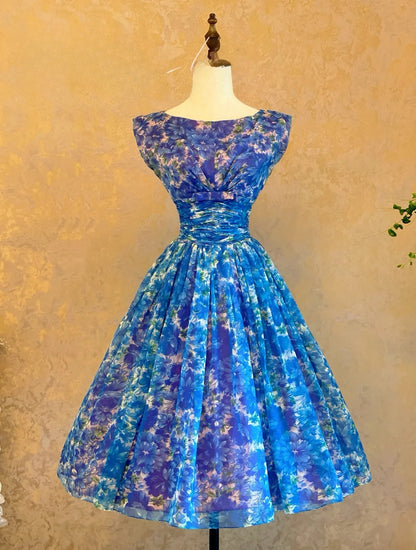 Cute Ball Gown Scoop Royal Blue Floral Knee Length Party Dresses Homecoming Cocktail Gown RB9134