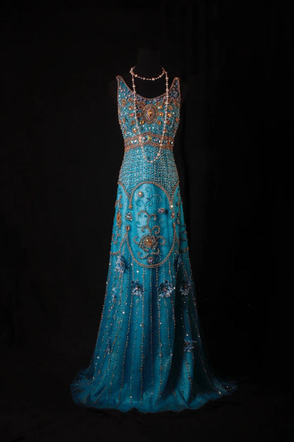 Classy Prom Dresses 1950s A line Tulle With Gold Beaded Blue Long Parties Gowns Evening Dress AS205
