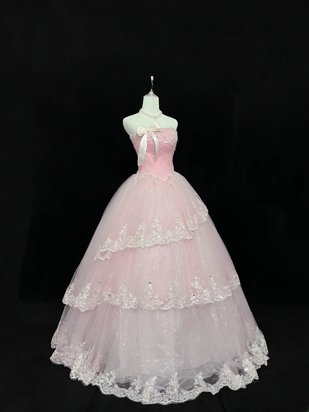 Dream Ball Gowns Strapless Pink With Appliqued Lace Long Prom Dress Senior Puffy Sweet 16 Sixteen Outfit Vestido de 15 RB7605
