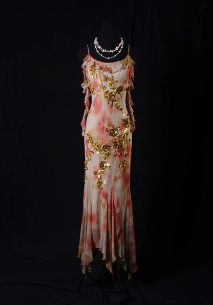 Classy Prom Dresses 1950s Mermaid Spaghetti Straps Chiffon With Gold Beaded Long Parties Gowns Evening Dress AS206