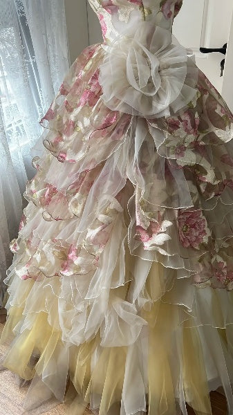 Sweet 15 Quinceanera Dress Ball Gown Strapless Yellow Floral Tulle Long 15th Birthday Gown RC0563