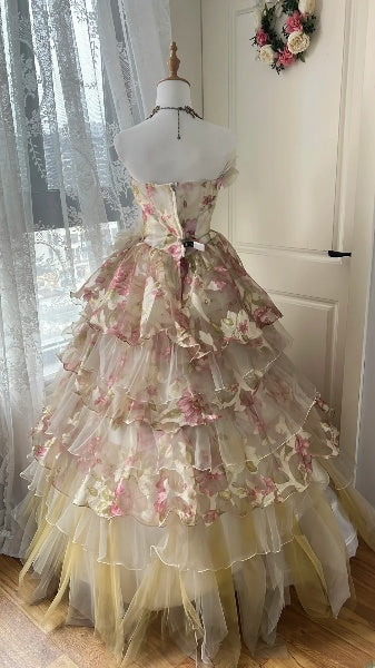 Sweet 15 Quinceanera Dress Ball Gown Strapless Yellow Floral Tulle Long 15th Birthday Gown RC0563