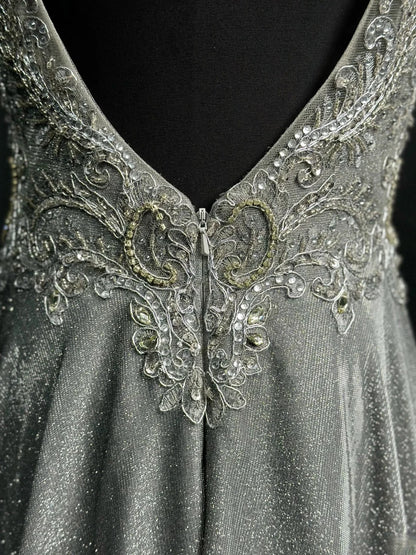 Sparkly Prom Dresses A line Scoop Grey Sequin With Beads Crystals Sleeveless Long Formal Outfits RB6008