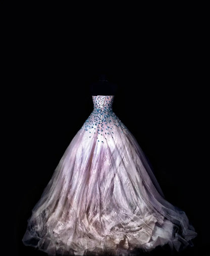 Ball Gown Sweetheart Pink Tulle Long Quinceanera Dresses With Blue Crystals For Sweet 15 15 Anos Celebration Birthday Formal Gown RB8858
