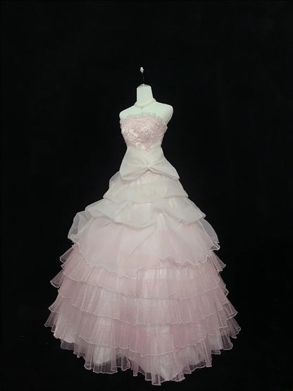 Dream Ball Gowns Strapless Pink With Ruffled Layers Long Prom Dress Senior Puffy Sweet 16 Sixteen Outfit Vestido de 15 RB7608