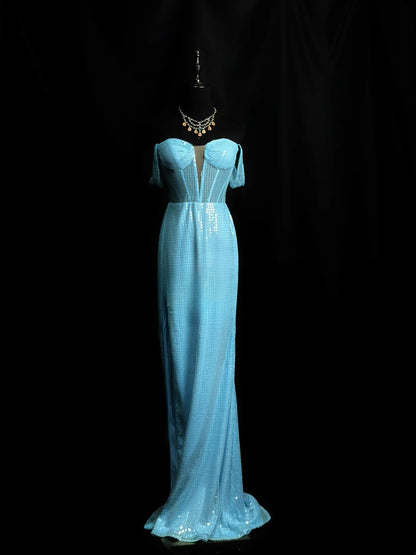 Beautiful Prom Dresses Mermaid Off The Shoulder Blue With Slit Long Formal Outfits RB6010