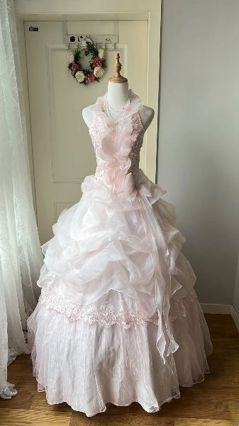 Elegant Sweet 16 Dress Long Halter Pink With Tiered Layers Ball Gown Sweet Sixteen Party Birthday Dresses RC0566