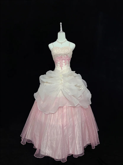 Beautiful Ball Gown Spaghetti Strap Pink Tulle With Appliqued Lace Prom Dress Formal Outfits Party Dresses RB7609