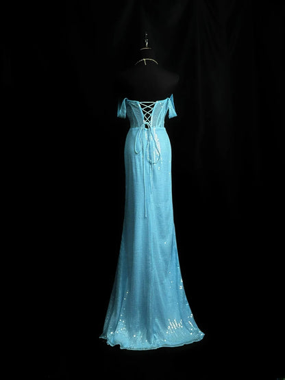 Beautiful Prom Dresses Mermaid Off The Shoulder Blue With Slit Long Formal Outfits RB6010