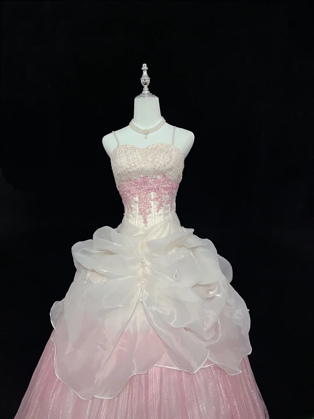 Beautiful Ball Gown Spaghetti Strap Pink Tulle With Appliqued Lace Prom Dress Formal Outfits Party Dresses RB7609