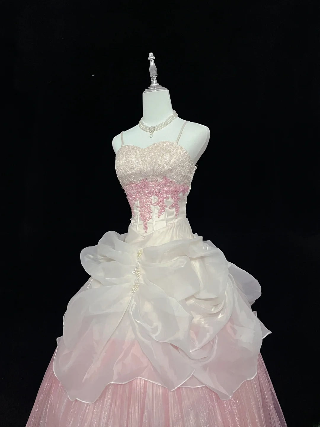Beautiful Ball Gown Spaghetti Strap Pink Tulle With Appliqued Lace Prom Dress Formal Outfits Party Dresses RB7609