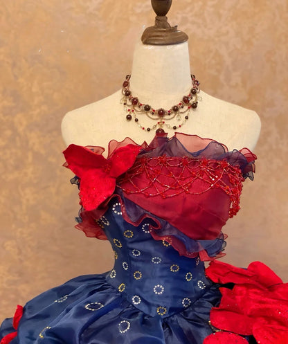 Quinceanera Dress Blue Red Strapless With Tiered Layers Floor Length Ball Gown Sweet 15 15th Birthday Gown RB9136