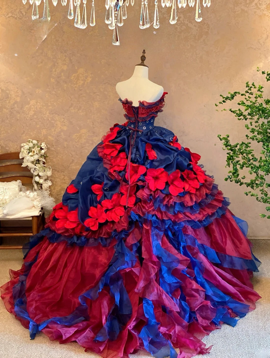 Quinceanera Dress Blue Red Strapless With Tiered Layers Floor Length Ball Gown Sweet 15 15th Birthday Gown RB9136
