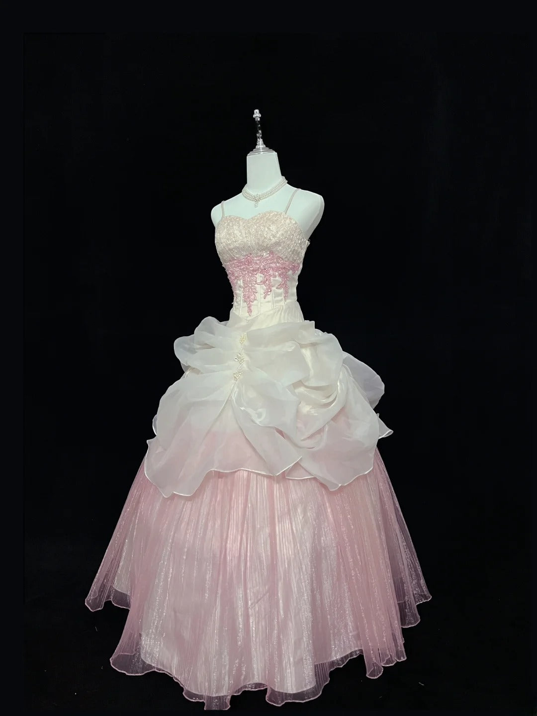 Beautiful Ball Gown Spaghetti Strap Pink Tulle With Appliqued Lace Prom Dress Formal Outfits Party Dresses RB7609