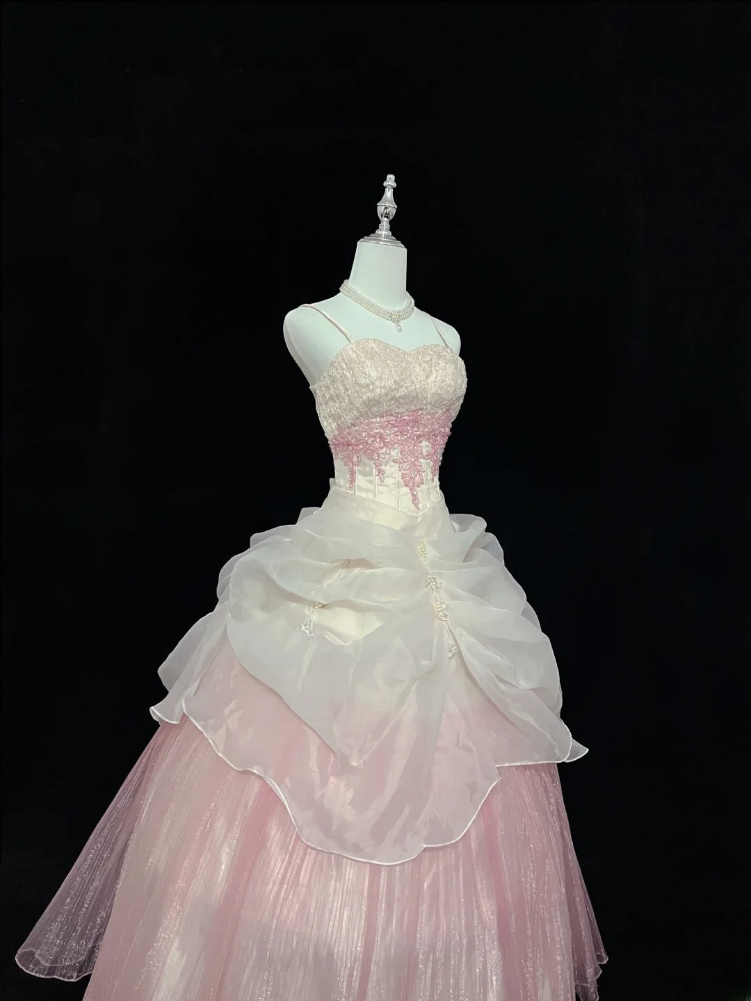 Beautiful Ball Gown Spaghetti Strap Pink Tulle With Appliqued Lace Prom Dress Formal Outfits Party Dresses RB7609