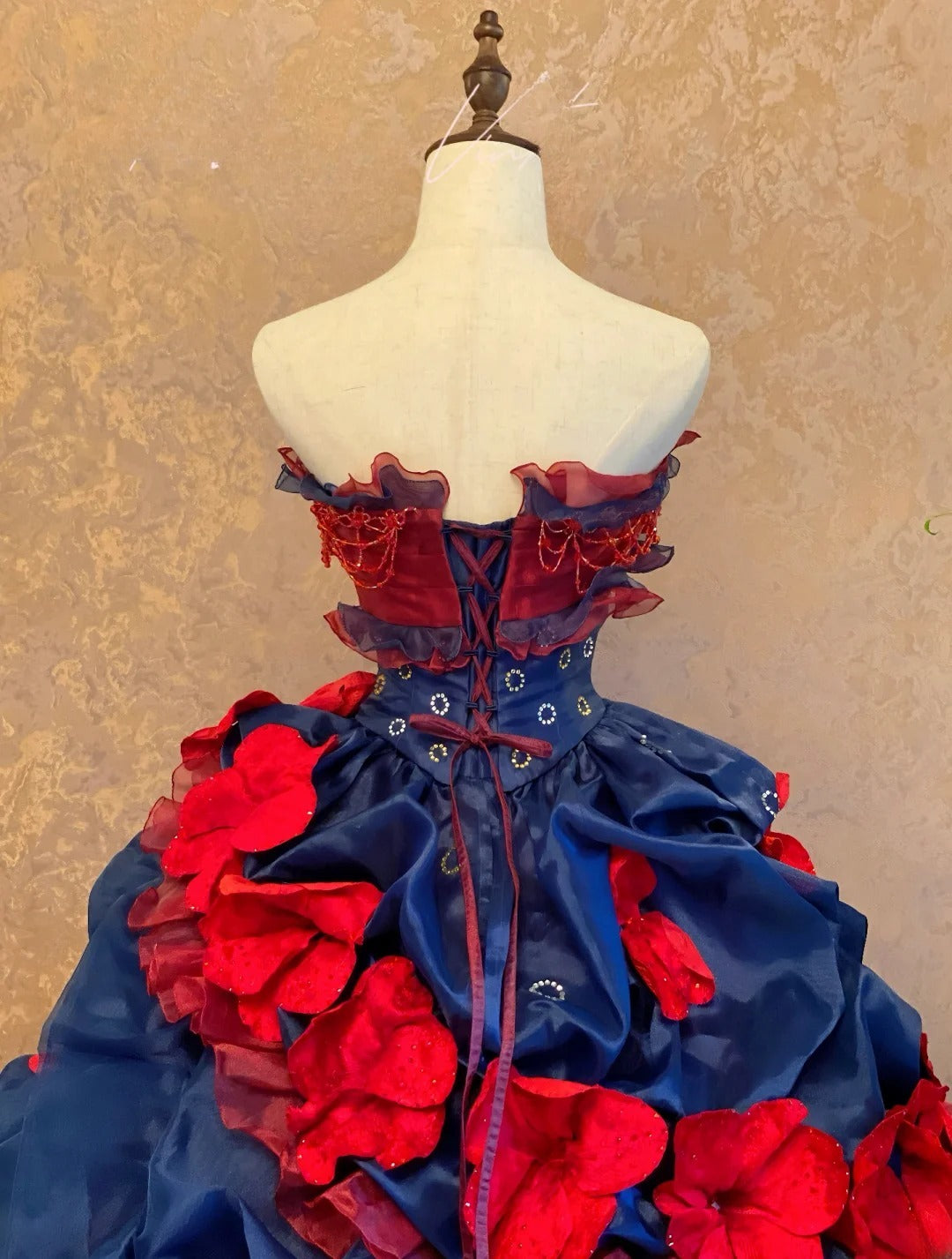 Quinceanera Dress Blue Red Strapless With Tiered Layers Floor Length Ball Gown Sweet 15 15th Birthday Gown RB9136