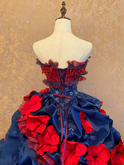 Quinceanera Dress Blue Red Strapless With Tiered Layers Floor Length Ball Gown Sweet 15 15th Birthday Gown RB9136