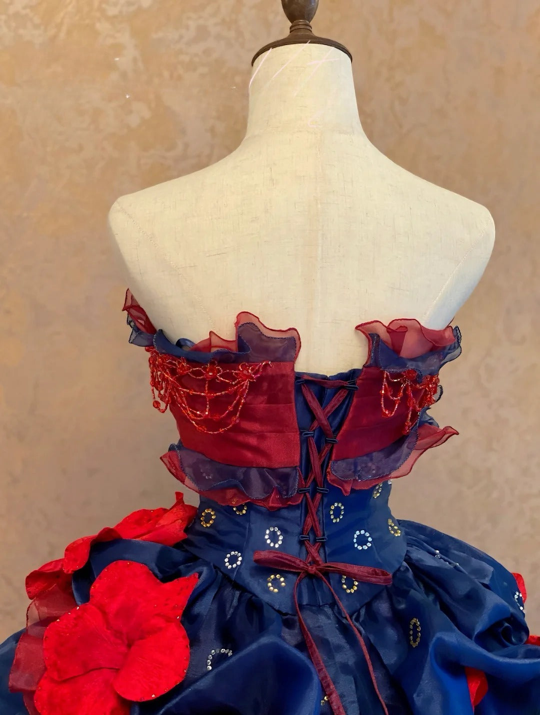 Quinceanera Dress Blue Red Strapless With Tiered Layers Floor Length Ball Gown Sweet 15 15th Birthday Gown RB9136
