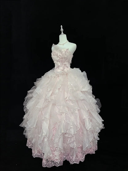 Dream Ball Gowns Strapless Pink With Ruffled Layers Tiered Long Prom Dress Senior Puffy Sweet 16 Sixteen Outfit Vestido de 15 RB7610