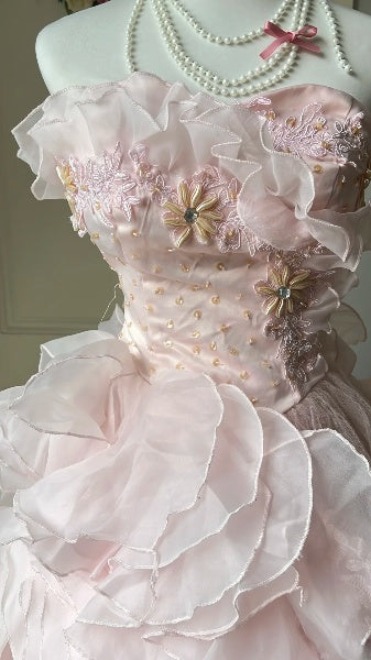 Sweet 15 Quinceanera Dress Ball Gown Sweetheart Pink With Tiered Layers Long 15th Birthday Gown RC0567