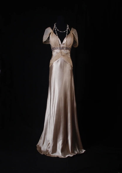 Classy Prom Dresses 1950s A line V Neckline Champagne Chiffon With Beaded Vintage Long Parties Gowns Evening Dress AS210