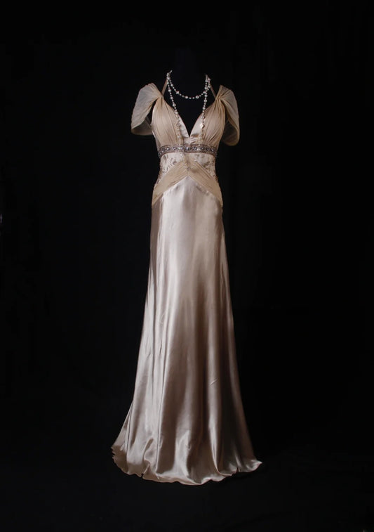 Classy Prom Dresses 1950s A line V Neckline Champagne Chiffon With Beaded Vintage Long Parties Gowns Evening Dress AS210