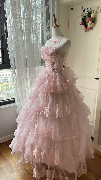 Sweet 15 Quinceanera Dress Ball Gown Sweetheart Pink With Tiered Layers Long 15th Birthday Gown RC0567