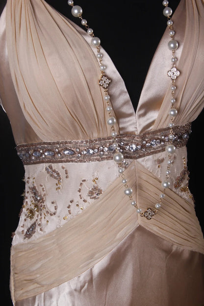 Classy Prom Dresses 1950s A line V Neckline Champagne Chiffon With Beaded Vintage Long Parties Gowns Evening Dress AS210