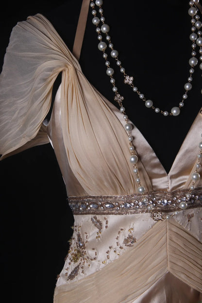 Classy Prom Dresses 1950s A line V Neckline Champagne Chiffon With Beaded Vintage Long Parties Gowns Evening Dress AS210