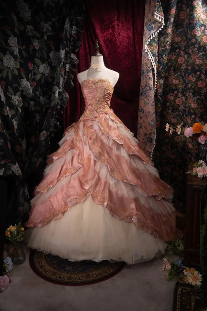 Dreamy Ball Gown Formal Events Voluminous Strapless Blush Pink Tiered Layered Quince Dress Quinceanera Dresses Birthday Outfits RB8483