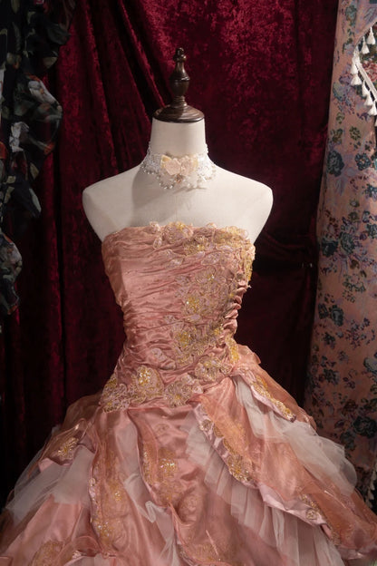 Dreamy Ball Gown Formal Events Voluminous Strapless Blush Pink Tiered Layered Quince Dress Quinceanera Dresses Birthday Outfits RB8483