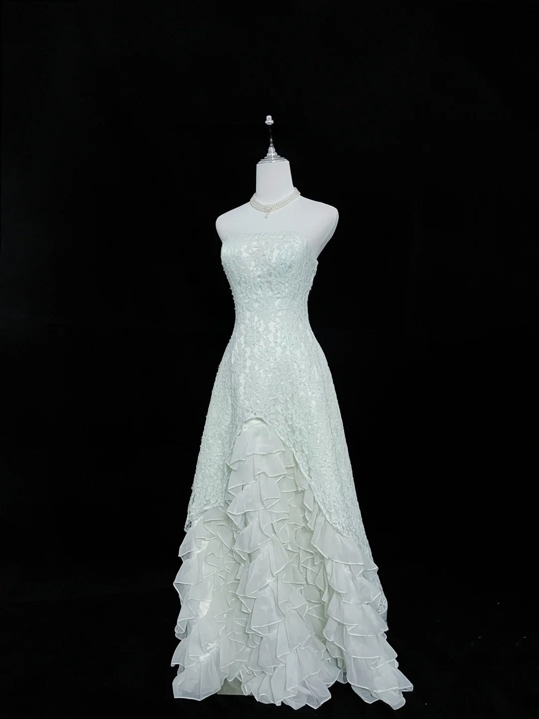 Beautiful A line Strapless Mint Green Lace With Tiered Chiffon Prom Dress Formal Outfits Party Dresses RB7612