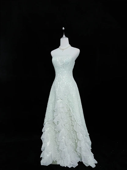 Beautiful A line Strapless Mint Green Lace With Tiered Chiffon Prom Dress Formal Outfits Party Dresses RB7612