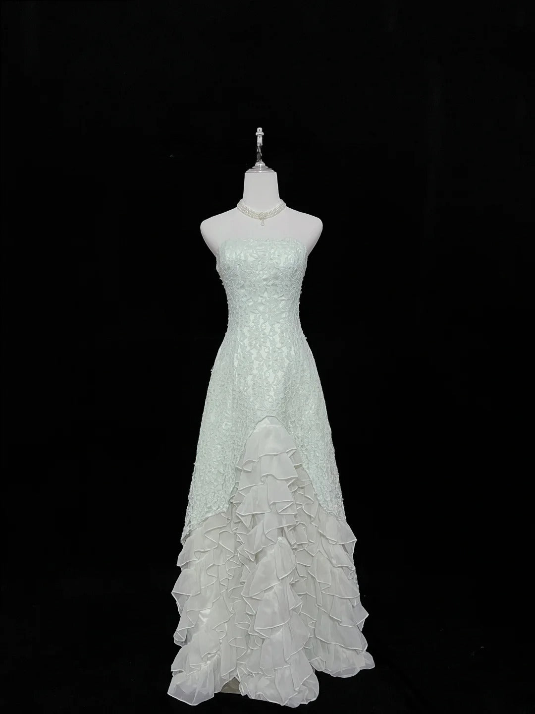 Beautiful A line Strapless Mint Green Lace With Tiered Chiffon Prom Dress Formal Outfits Party Dresses RB7612
