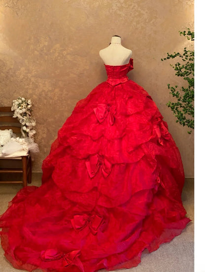 Quinceanera Dress Red Strapless With Bow Floor Length Ball Gown Sweet 15 15th Birthday Gown RB9138