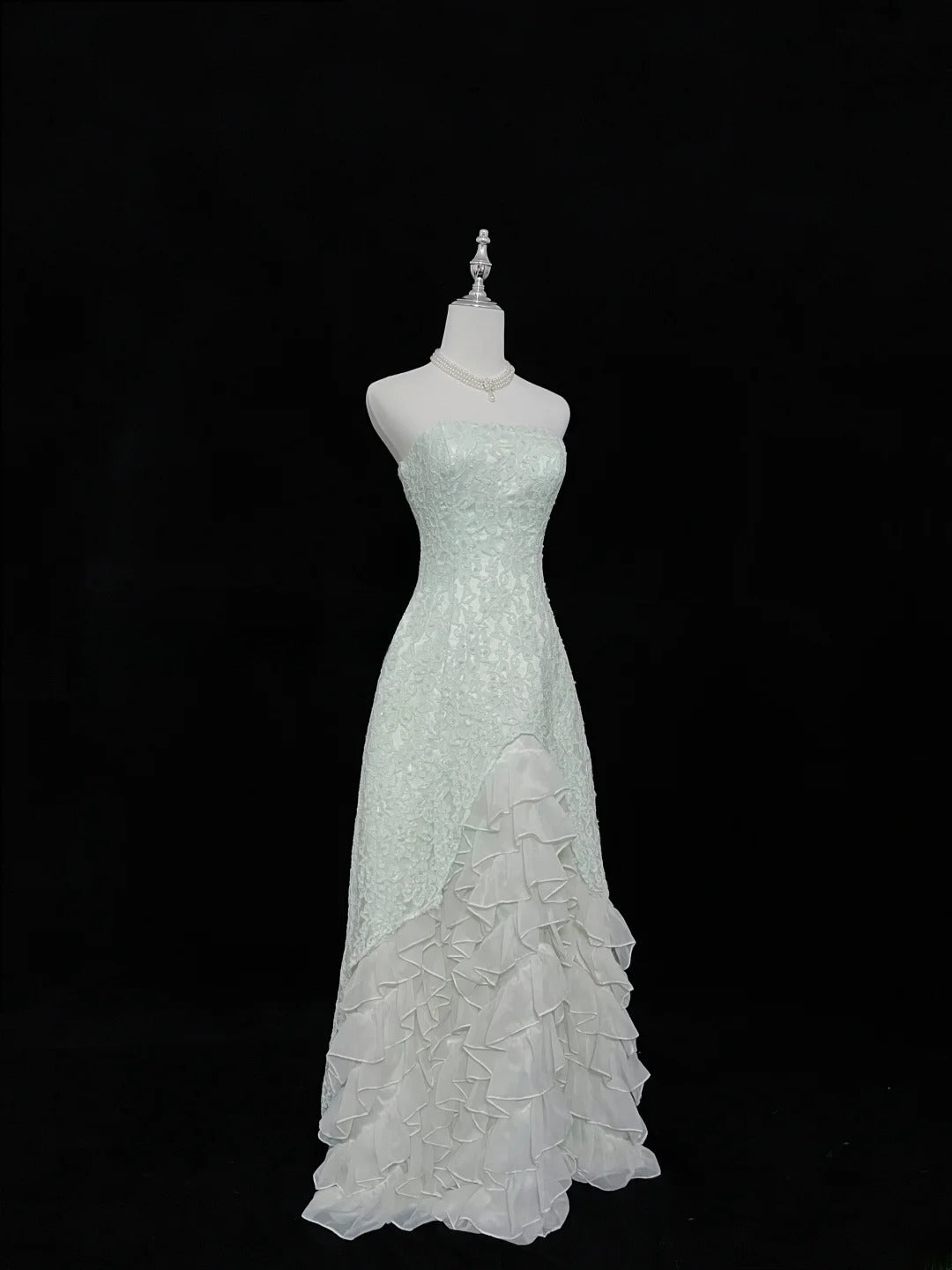 Beautiful A line Strapless Mint Green Lace With Tiered Chiffon Prom Dress Formal Outfits Party Dresses RB7612