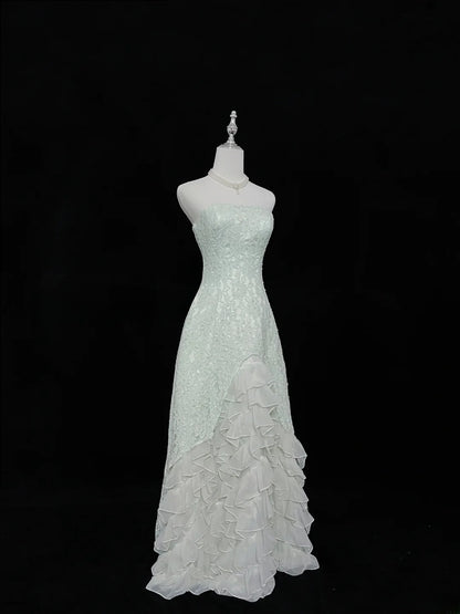 Beautiful A line Strapless Mint Green Lace With Tiered Chiffon Prom Dress Formal Outfits Party Dresses RB7612